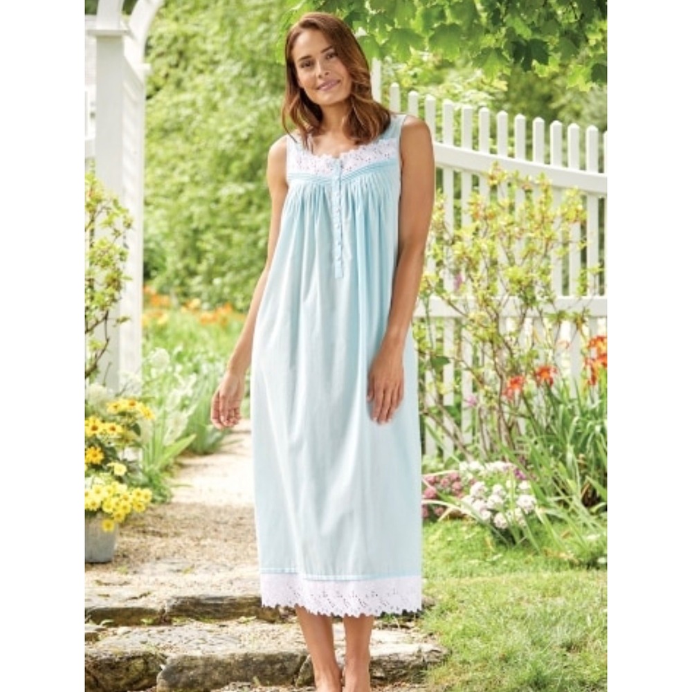 Eileen West NWT XL Cottagecore Nightgown  Blue Cotton Lace Trim Romantic Prairie